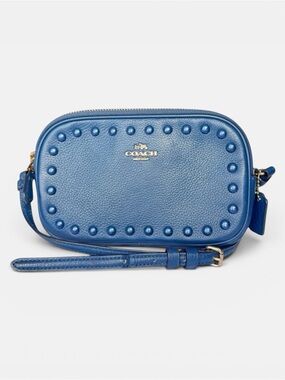 Coach Blue Leather Studded Camera Bag Crossbody Double Zip Compact Minimalist